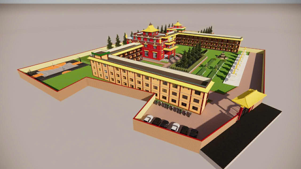 Aerial architectural render of the proposed monastery