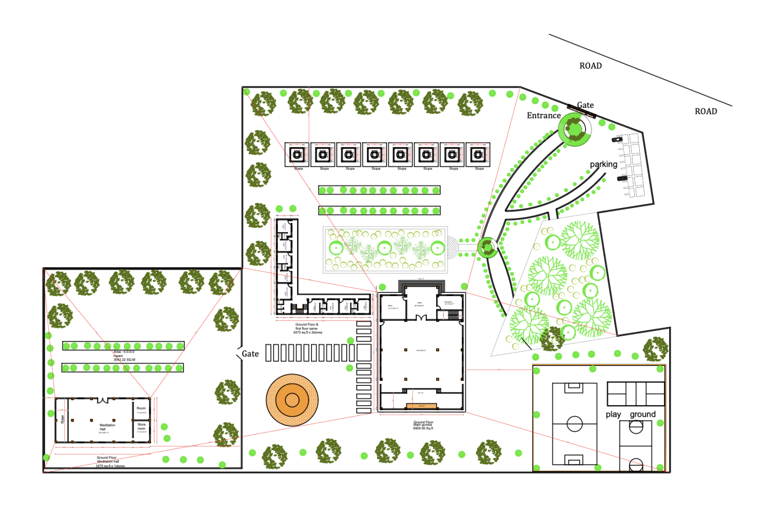 Site plan of the proposed monastery with entrance, parking, stupas, main hall, meditation hall and playground